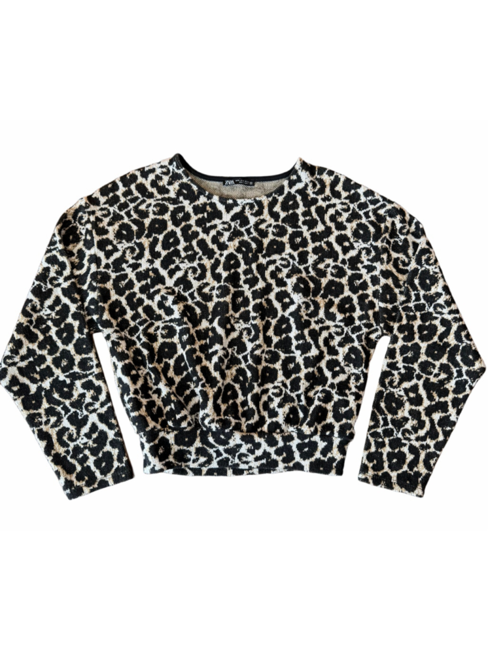 Zara Leopard Print Crew Neck Sweater Black Beige Size M